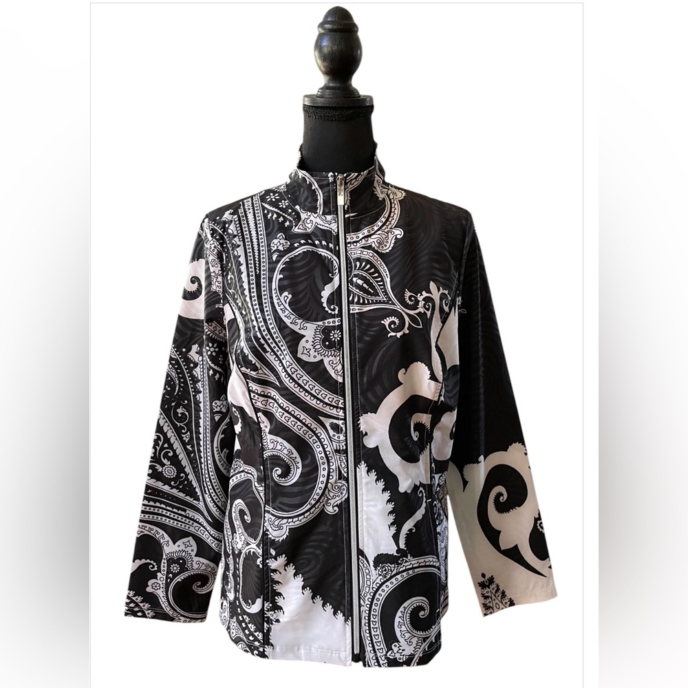 Chico’s: Black & White Paisley Zenergy Jacket